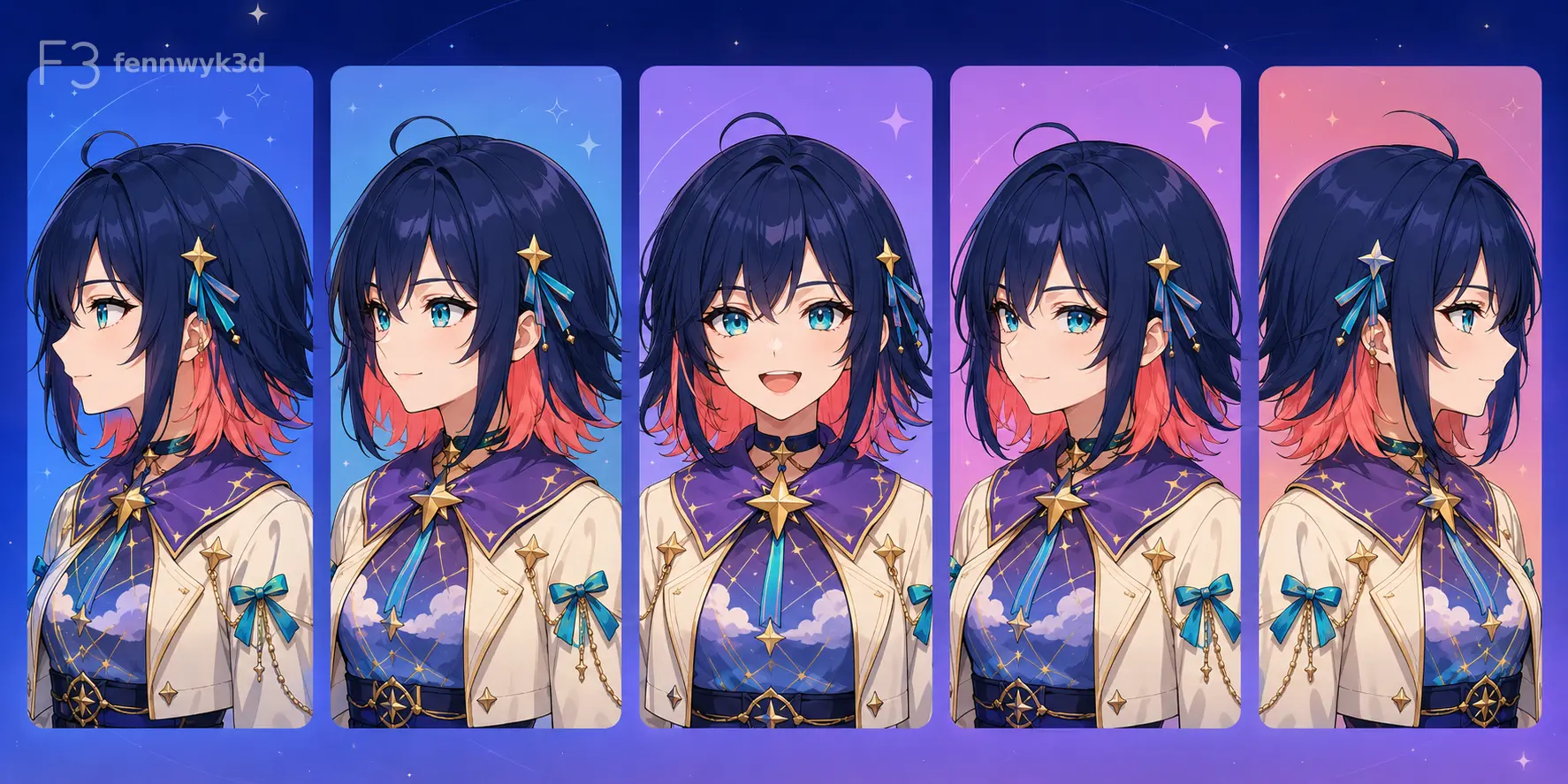 Five-view colorful Live2D head turn concept sheet
