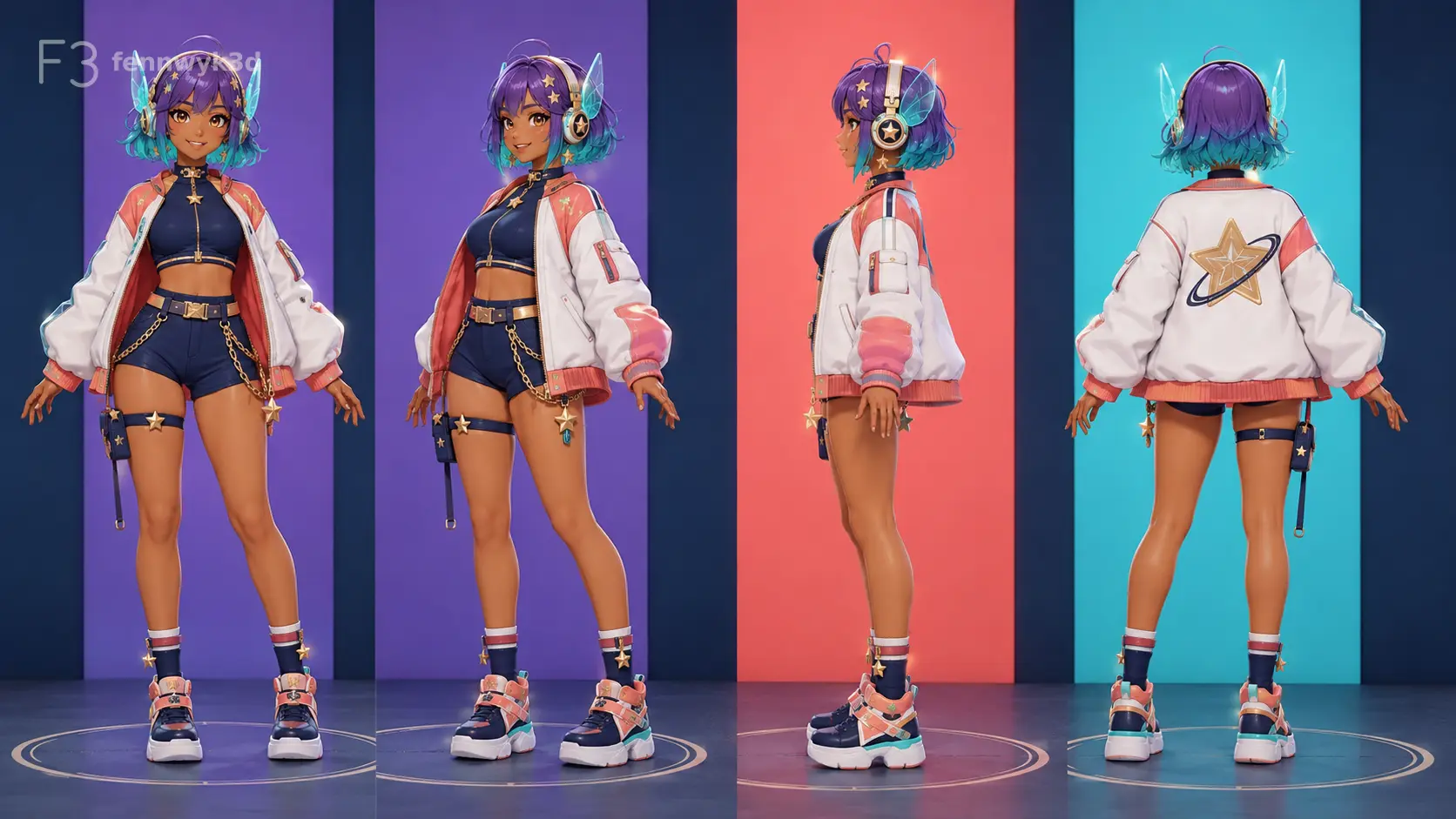 Four-view colorful 3D cosmic DJ VTuber model presentation