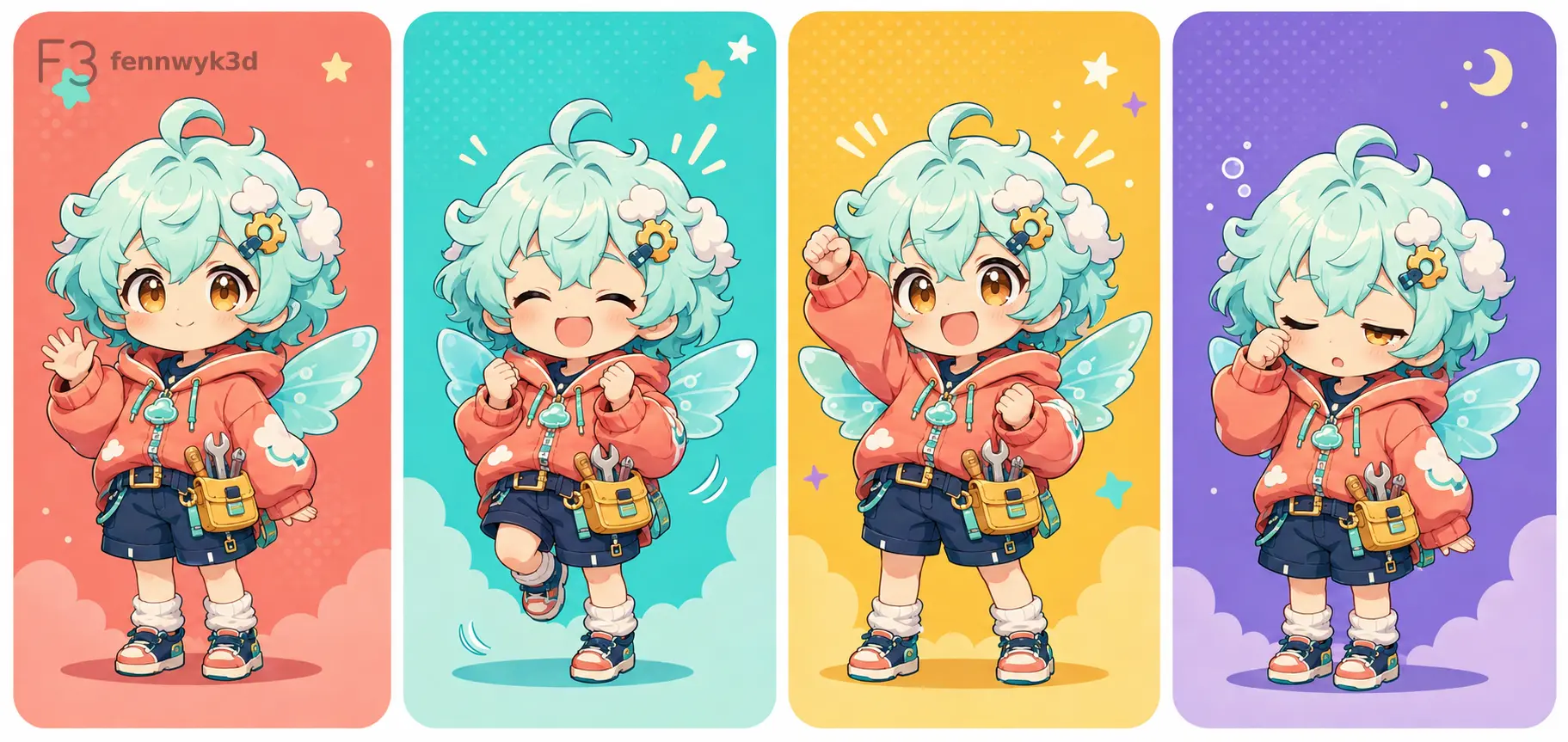 Four-pose colorful chibi cloud mechanic character sheet